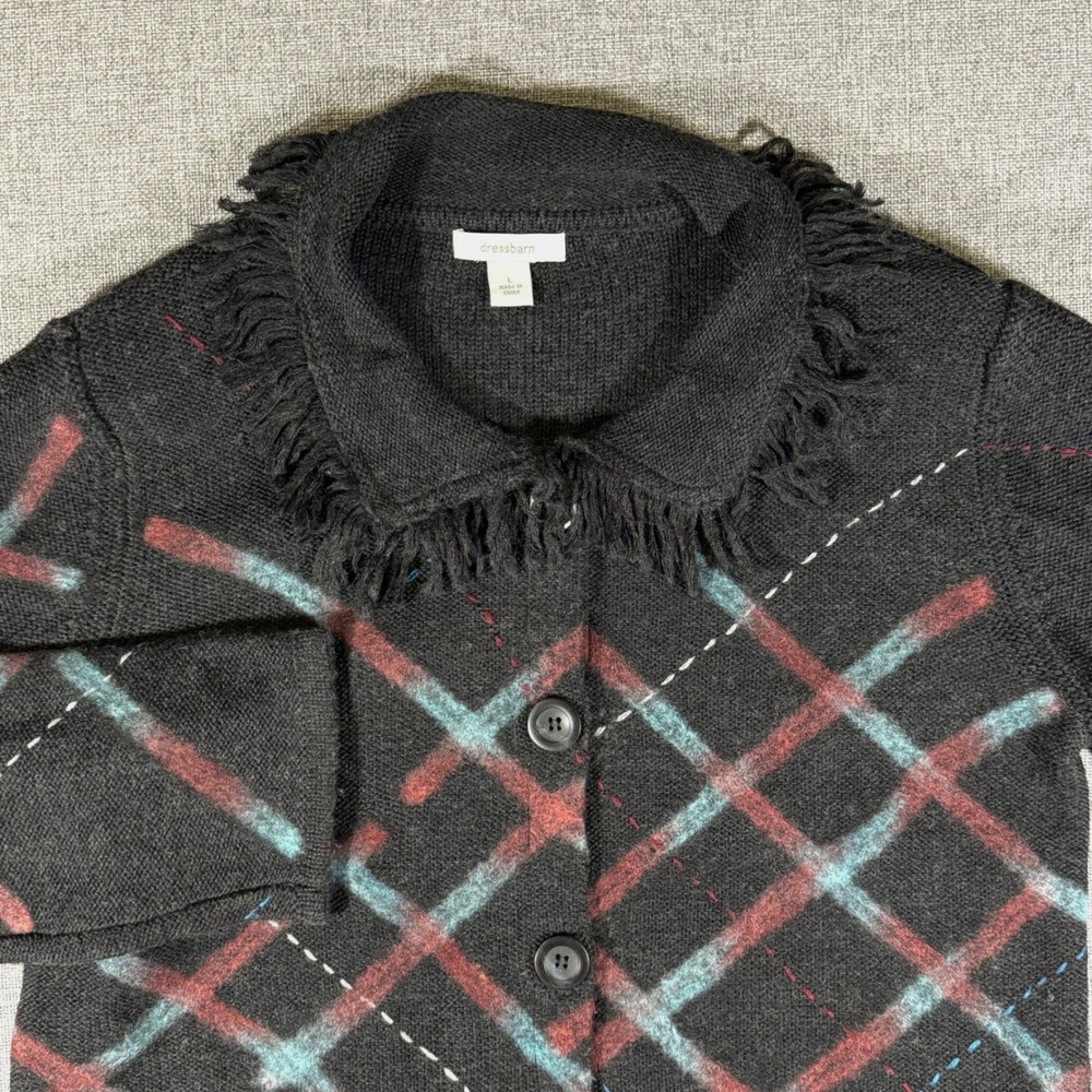 Dressbarn Cardigan Sweater Womens L Plaid Fringe Trim Button Up Knit Classic
